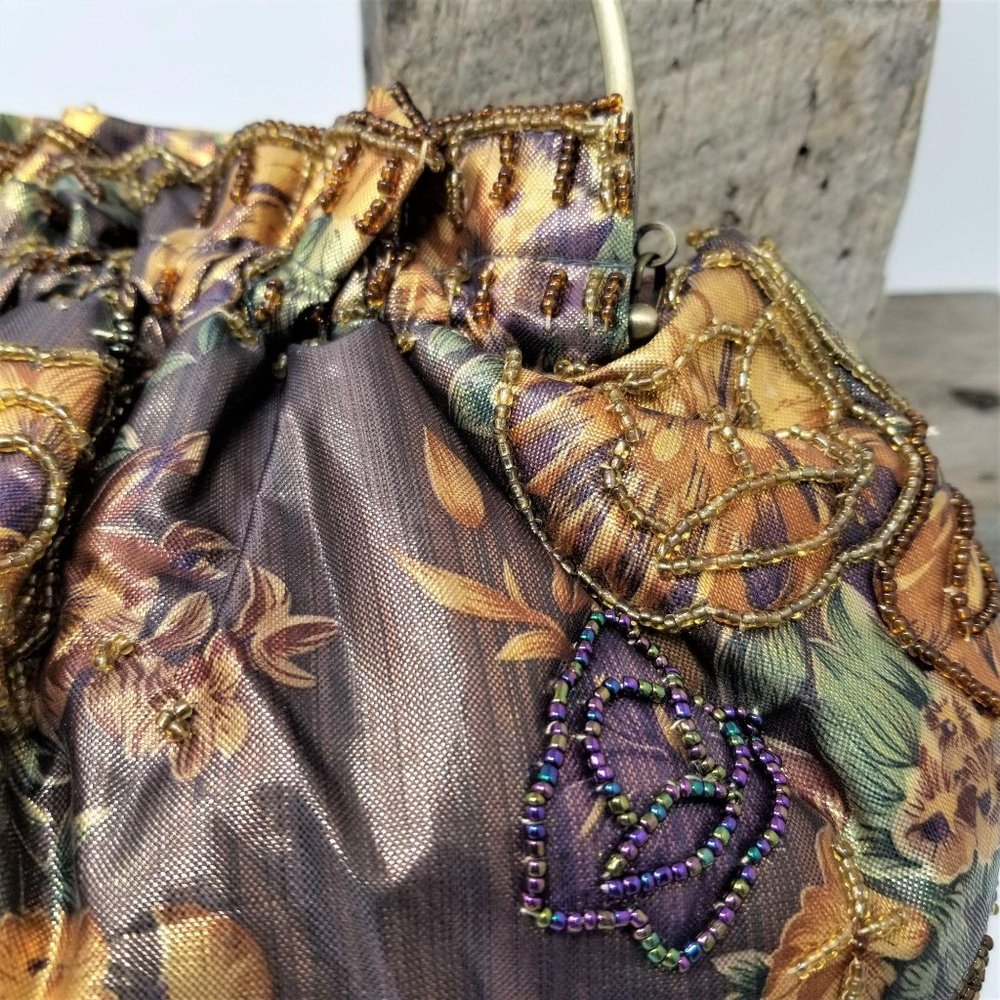 Metalic Beaded Purse 2 Handles Floral - Picture 2 of 9